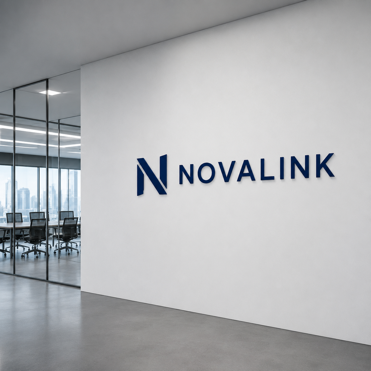 NOVALINK Office workspace with N NOVALINK logo
